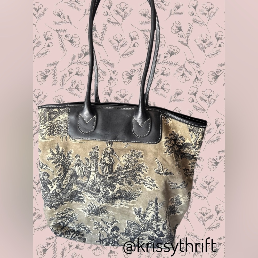 J. Jill French Toile Fabric with Leather Trim Tote